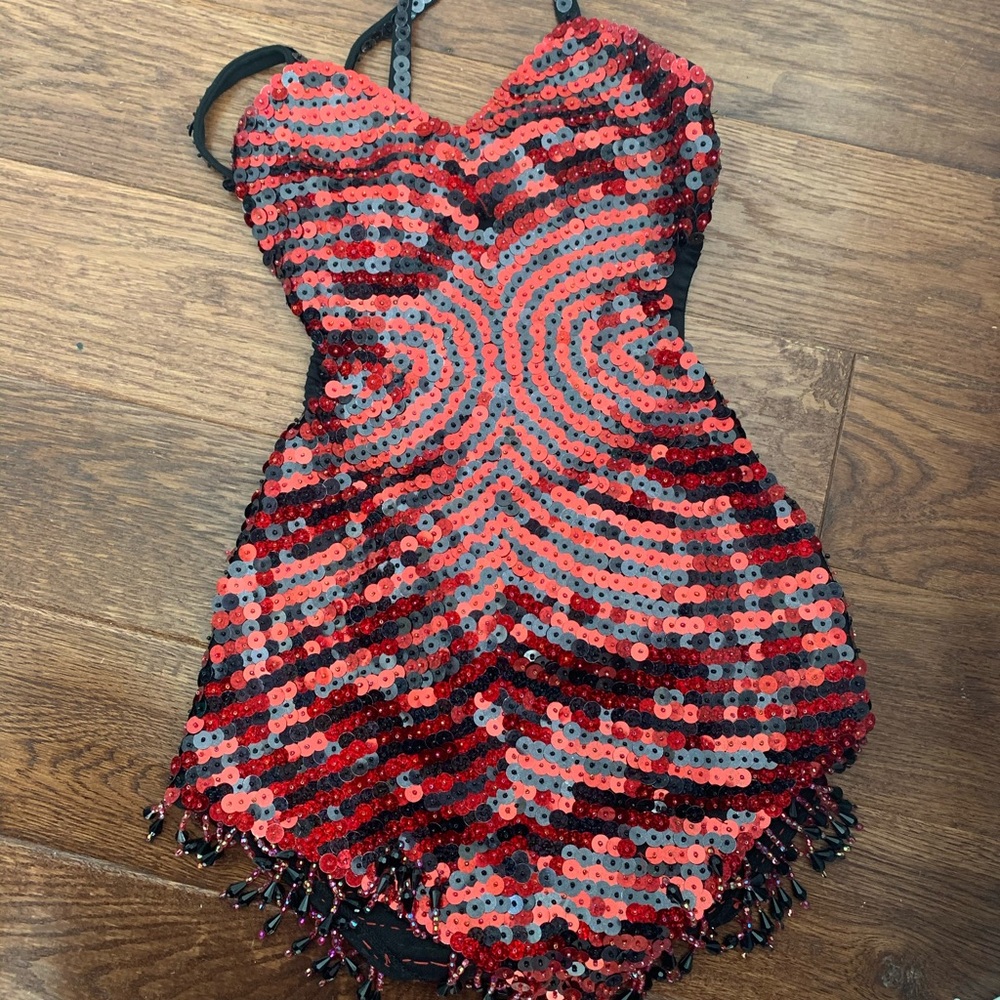 Red and Black Sequined Halter Dress
